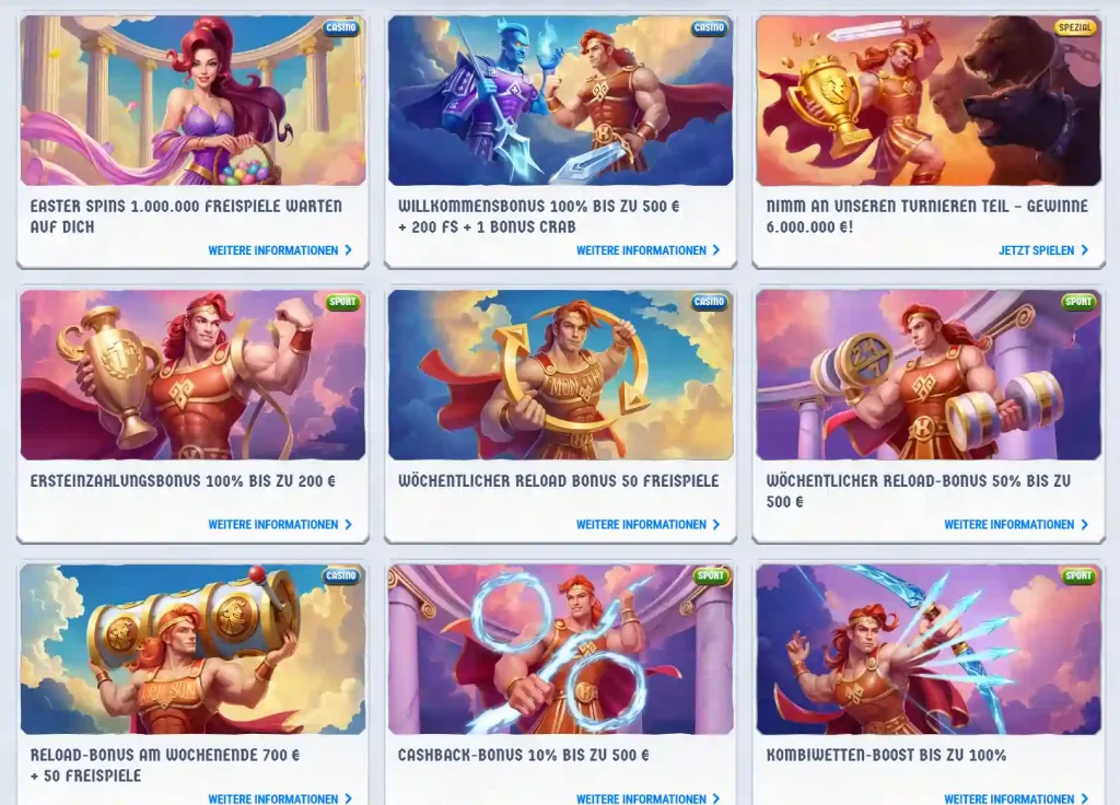Romibet Casino Übersicht mit verschiedenen Bonusaktionen und Promotionen