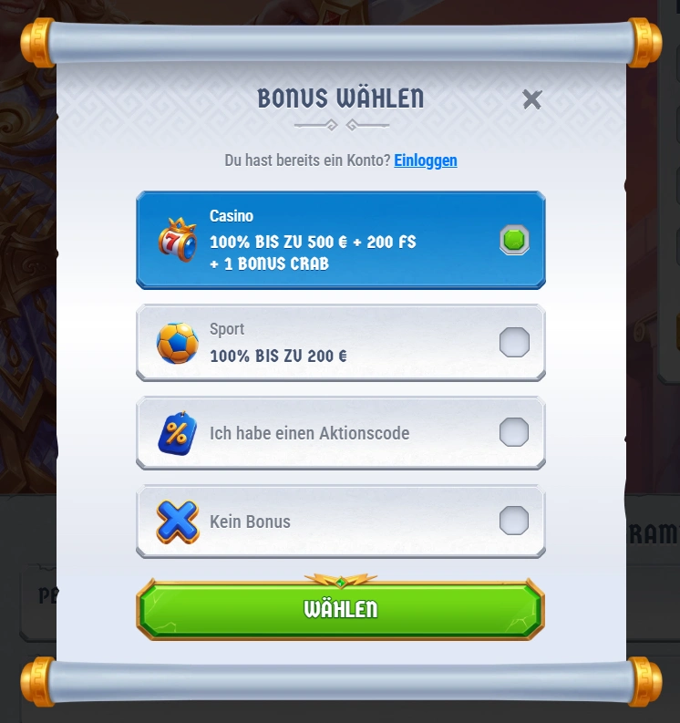 Romibet Casino Bonus Auswahl Fenster mit Casino und Sport Bonus Optionen