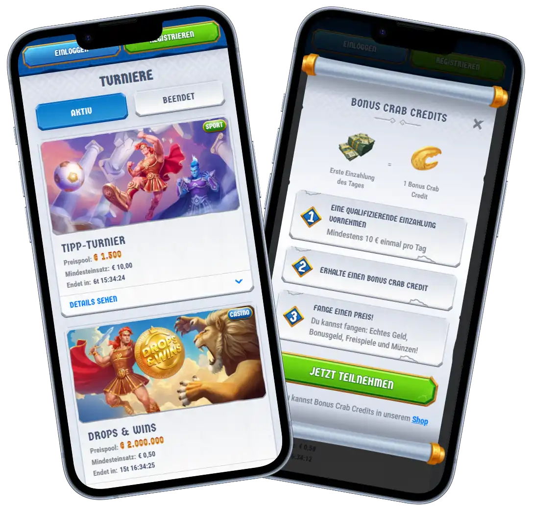 Romibet Casino mobile Ansicht mit Turnieren und Bonus Crab Feature