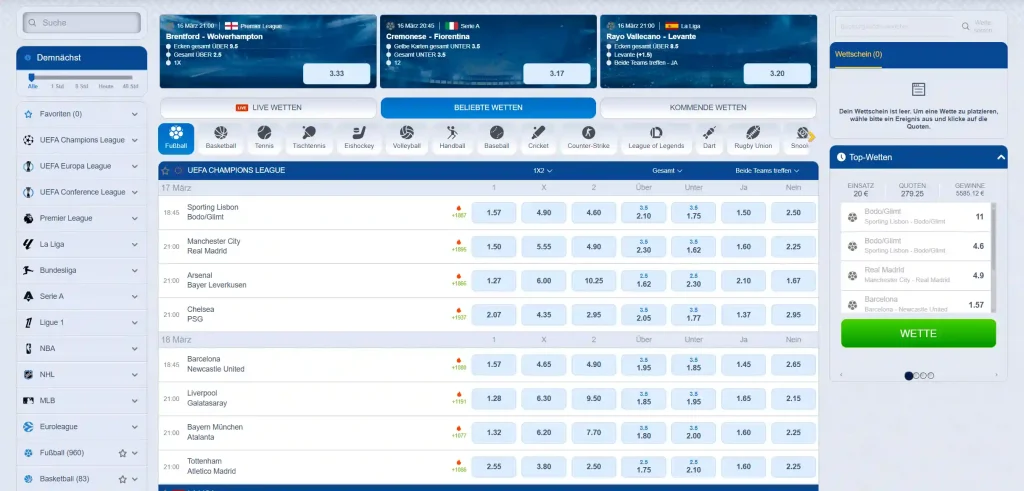 Romibet Casino Sportwetten Plattform mit Fußball Quoten und Wettmärkten